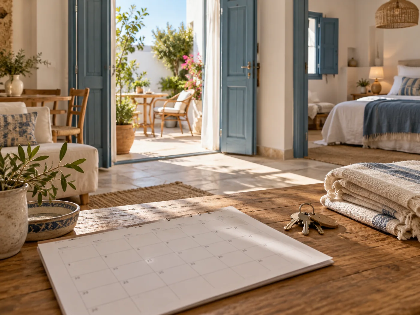 Calendrier, clés et linge dans un logement inspiré de Hammamet, illustration