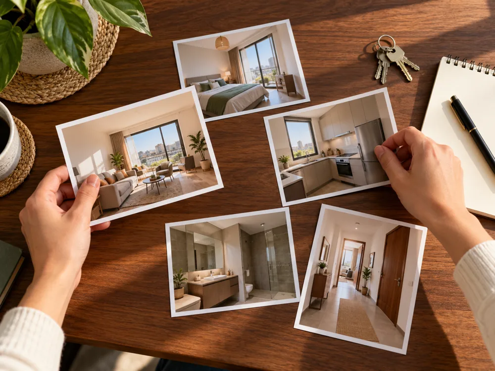 Photographies de pièces et carnet sur une table
