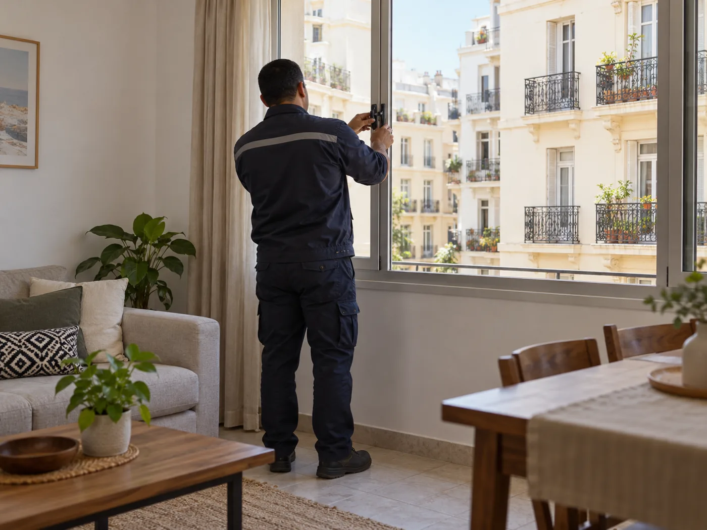 Personne observant une fenêtre dans un appartement