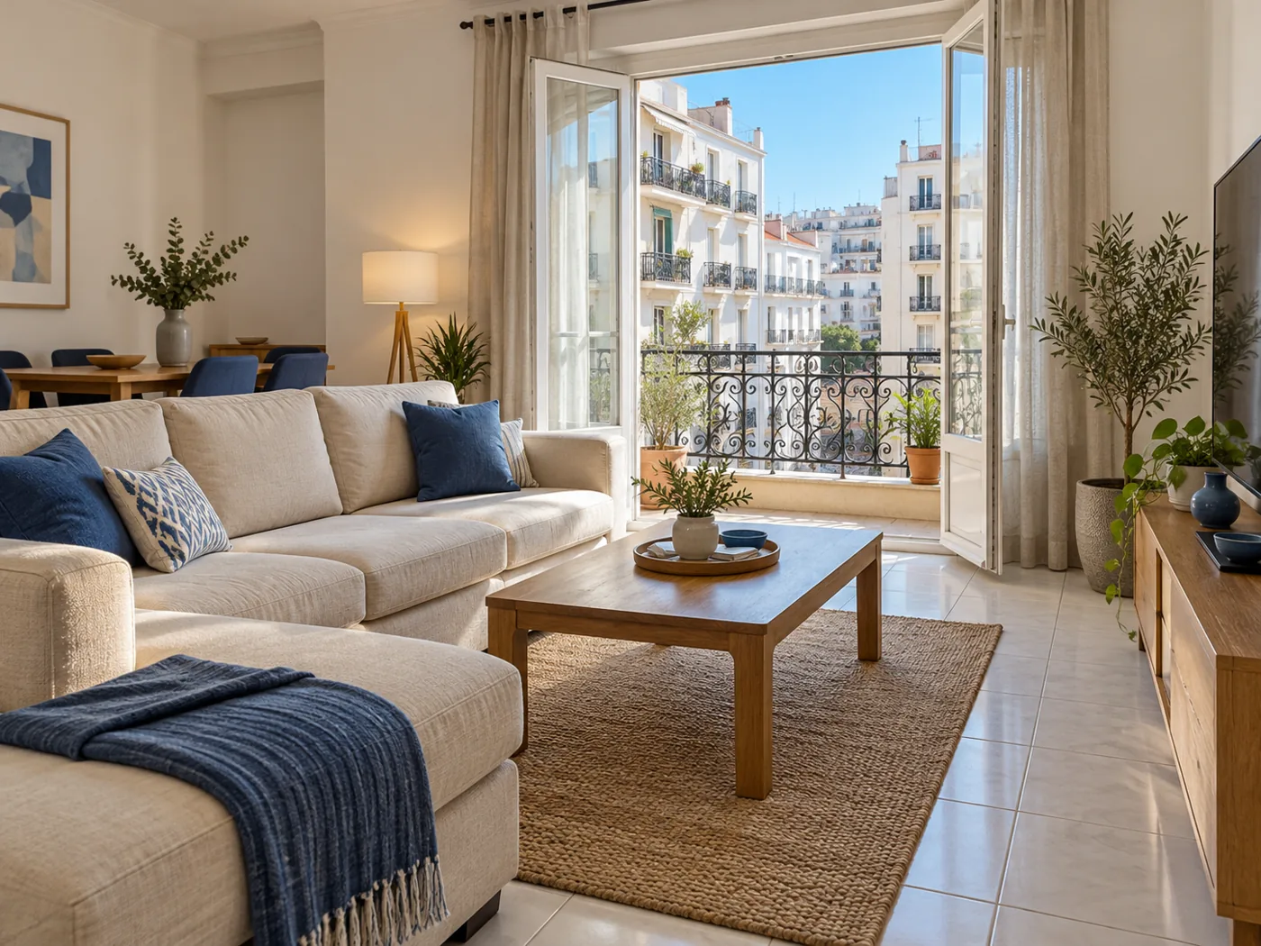 Furnished living room opening onto residential buildings in Algeria