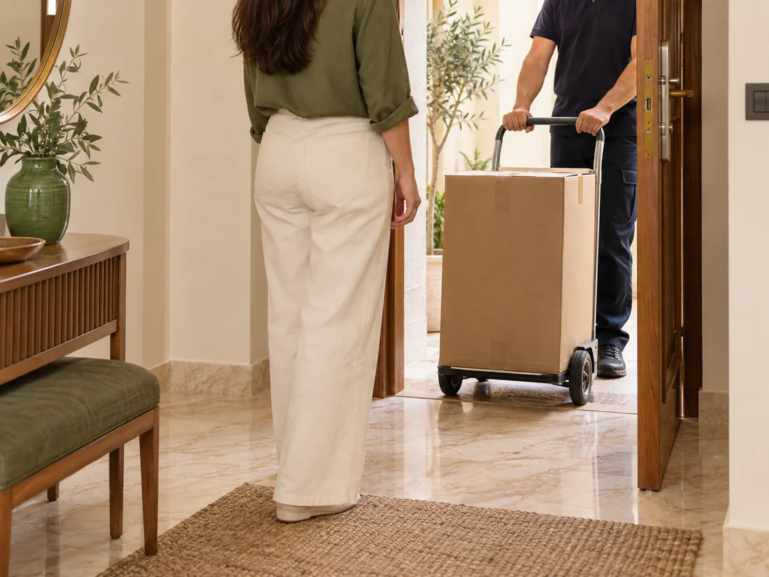 A person attending an apartment delivery with items on a trolley