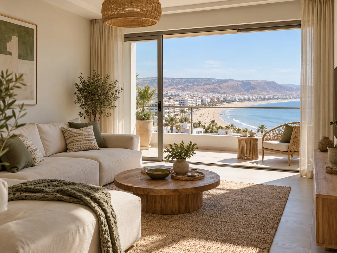 Gestion immobilière à Agadir : salon et balcon face à une plage et des collines arides