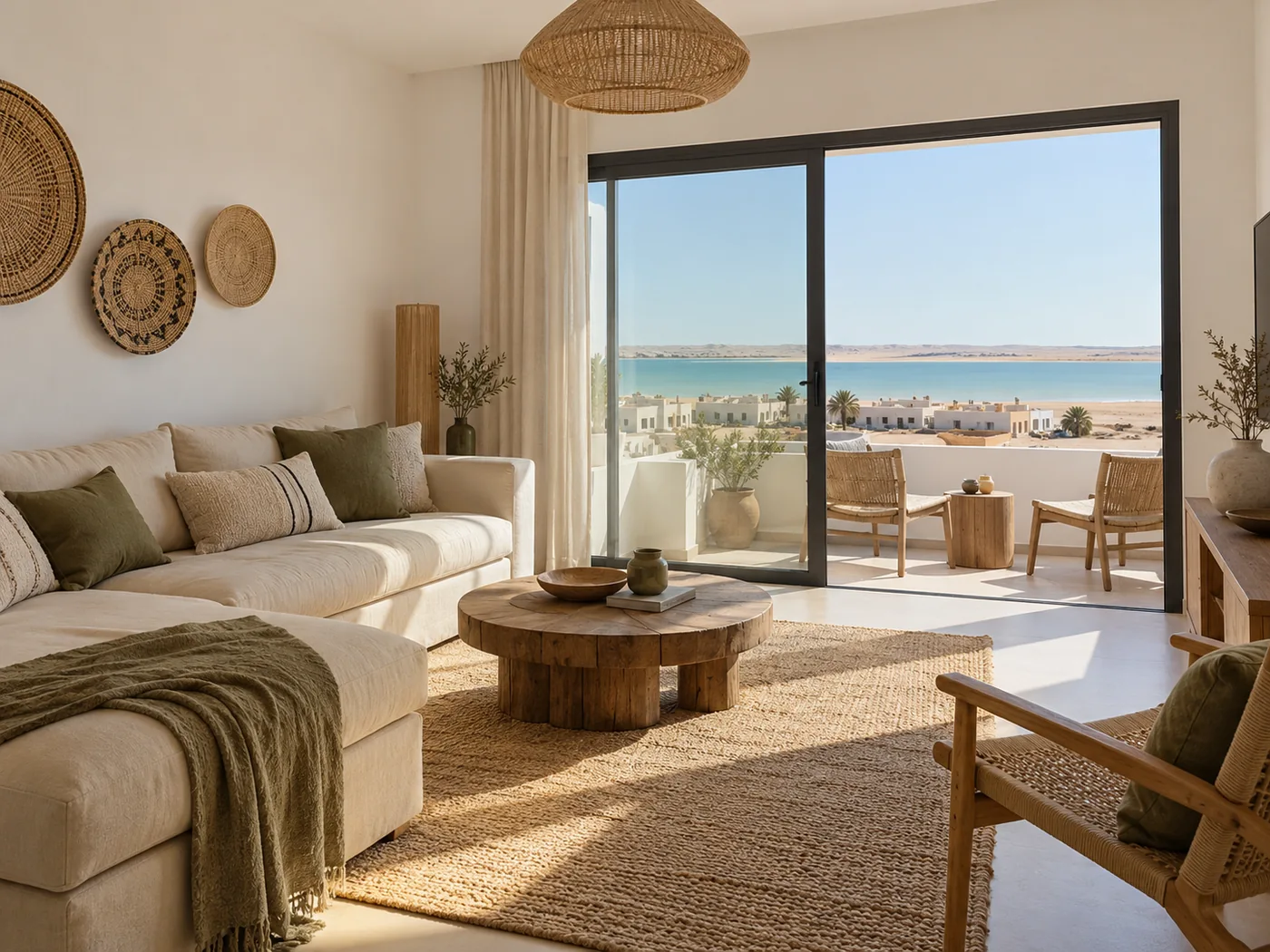 Gestion immobilière à Dakhla : salon et balcon face à une lagune et un horizon sableux