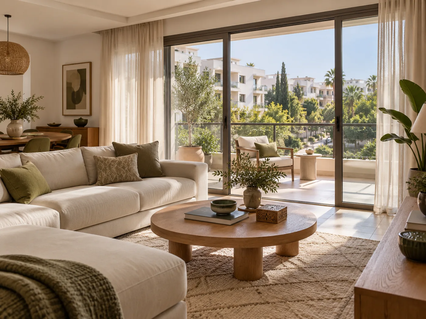 Gestion immobilière à Rabat : salon et balcon sur un environnement résidentiel arboré