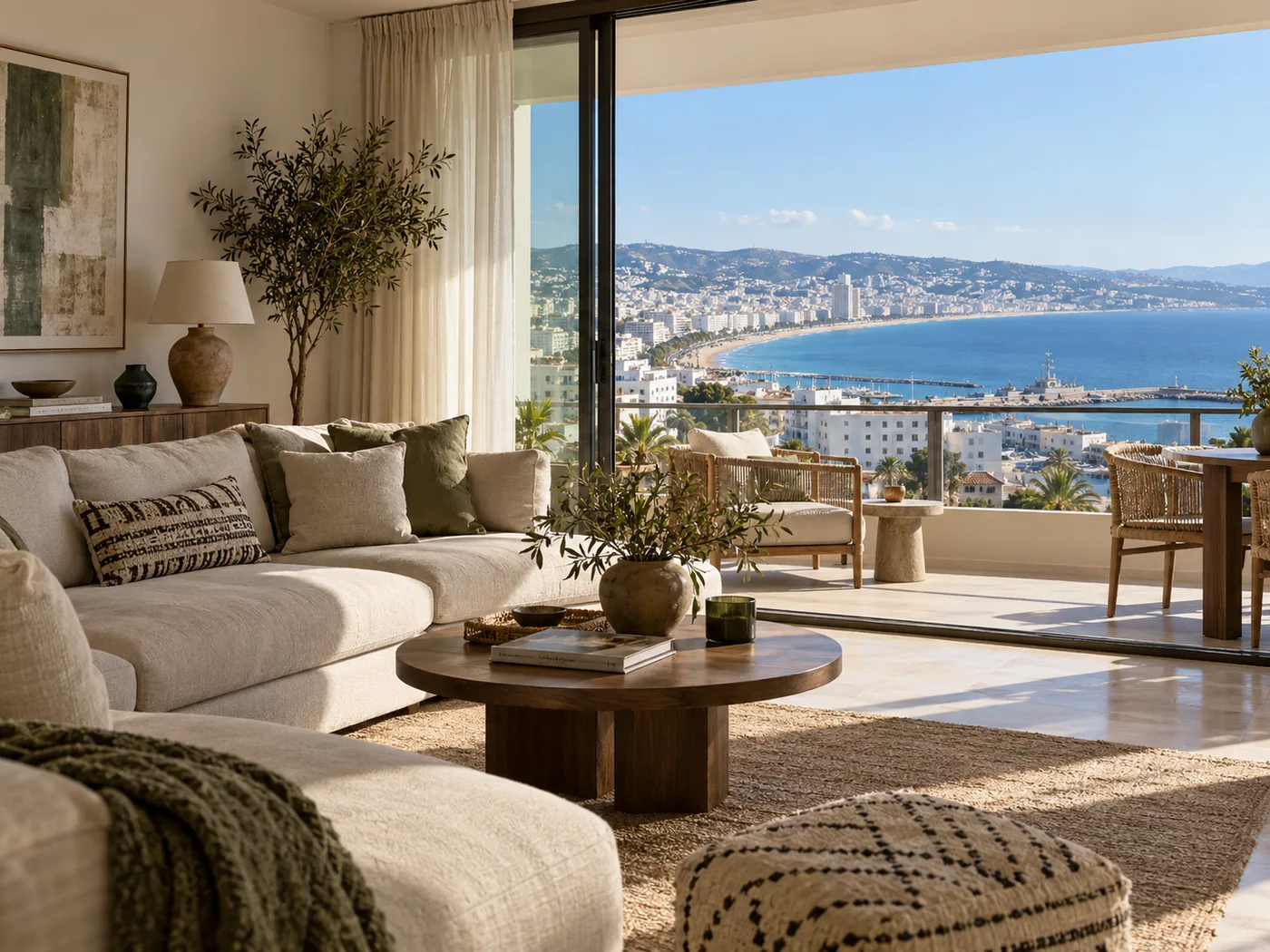 Gestion immobilière à Tanger : salon ouvert sur un balcon et une baie