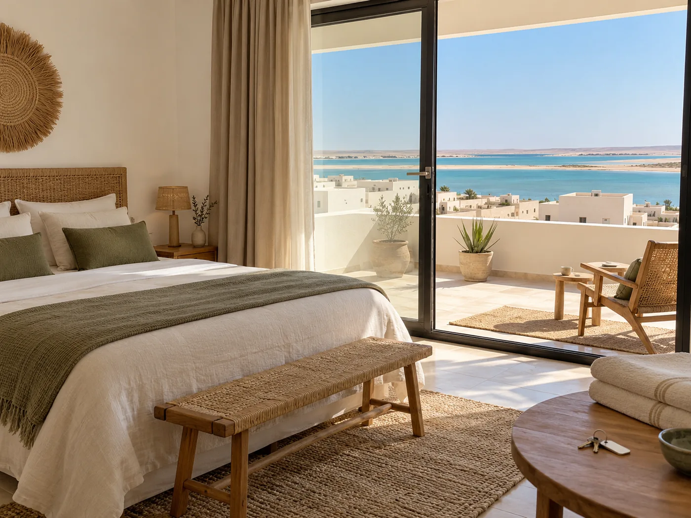 Gestion locative à Dakhla : chambre préparée avec terrasse sur une lagune