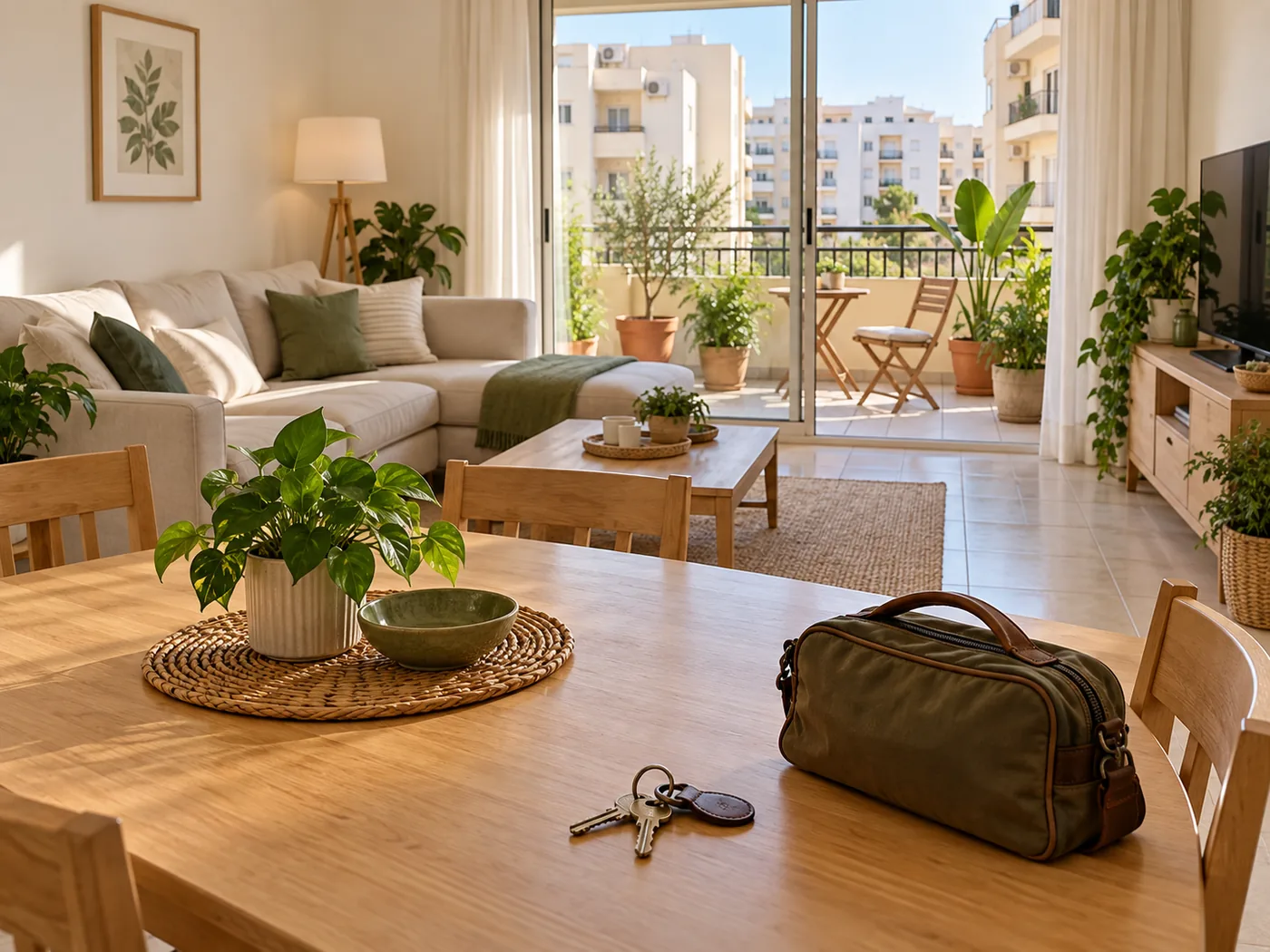 Salon et balcon résidentiel avec un sac de voyage