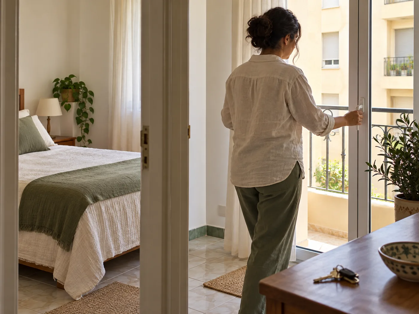 Personne vérifiant la fermeture d’une porte de balcon, illustration entre deux séjours à Mostaganem