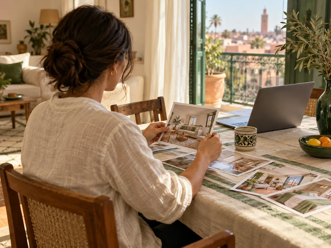 Owner reviewing property photographs beside a laptop