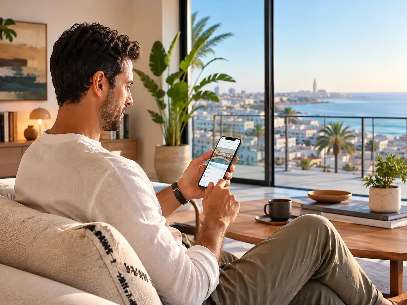 Owner checking a phone in a living room overlooking Casablanca
