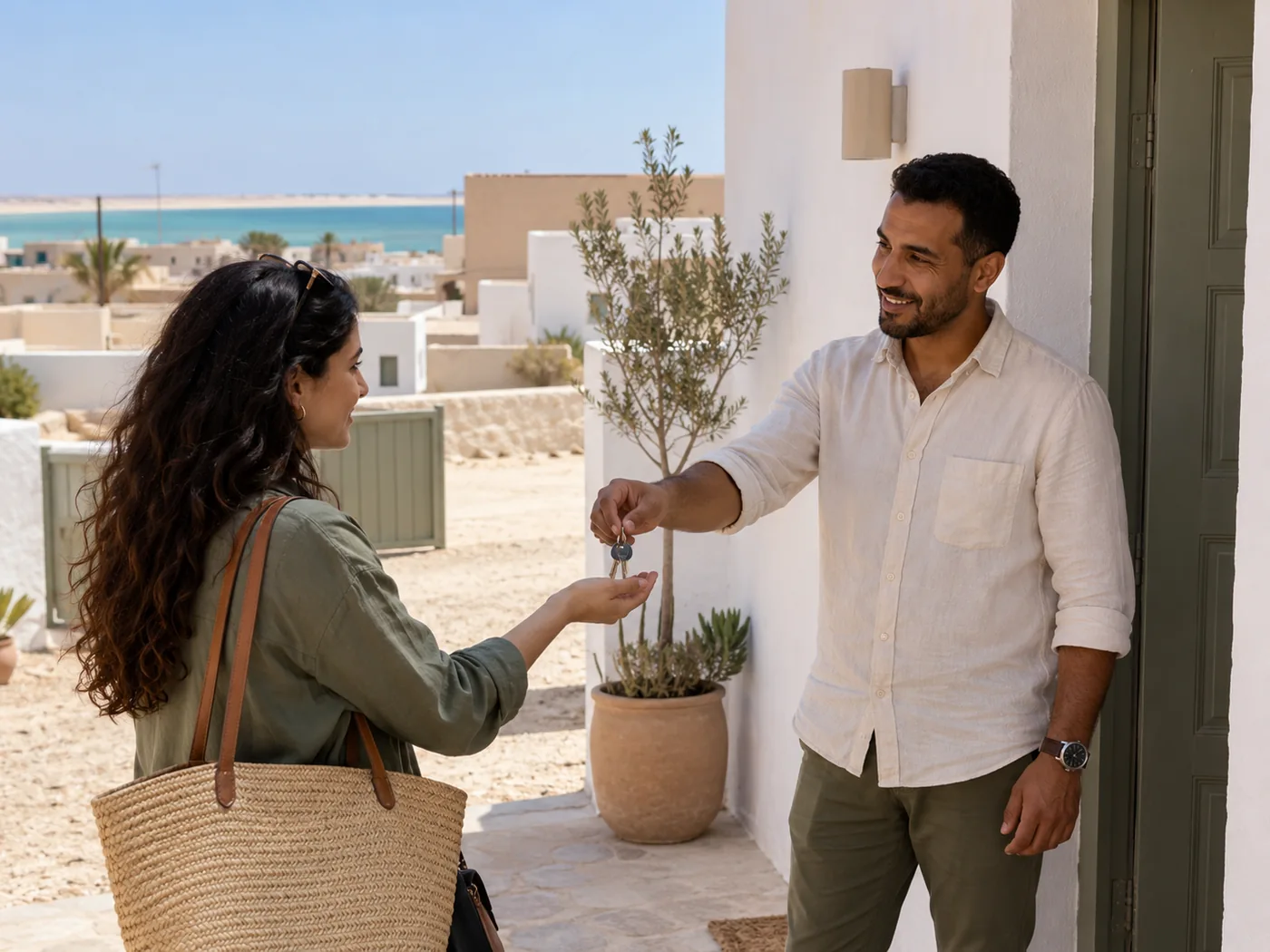 Remise de clés à Dakhla : entrée de logement dans un environnement résidentiel aride