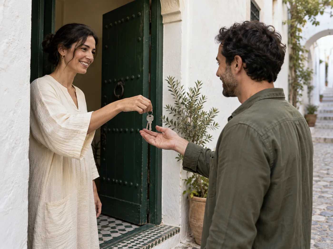 Remise de clés à Tanger : entrée de maison aux murs blancs et porte verte