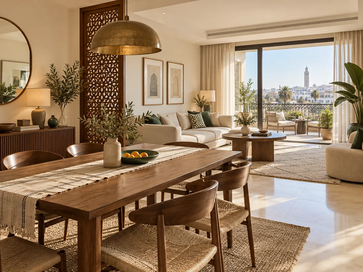 Living and dining areas in a furnished Casablanca apartment