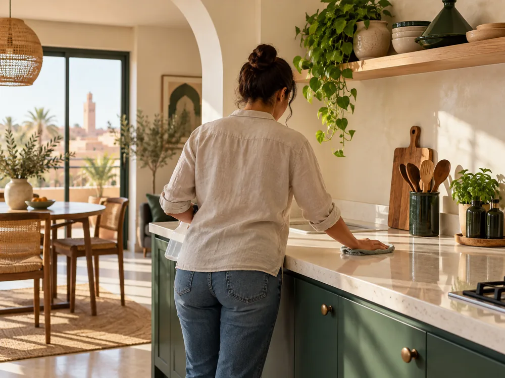 A kitchen worktop being cleaned before the next stay