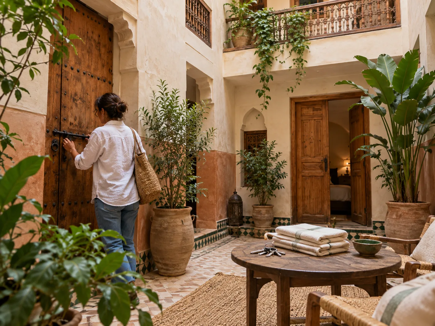 Patio de riad avec portes, clés et linge, préparation