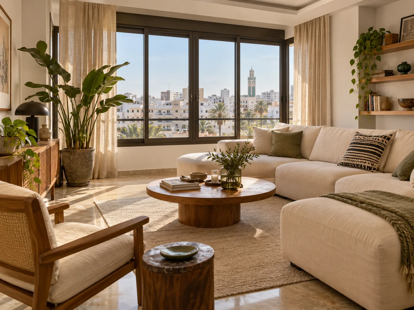 Unoccupied living room with glazed doors in Casablanca