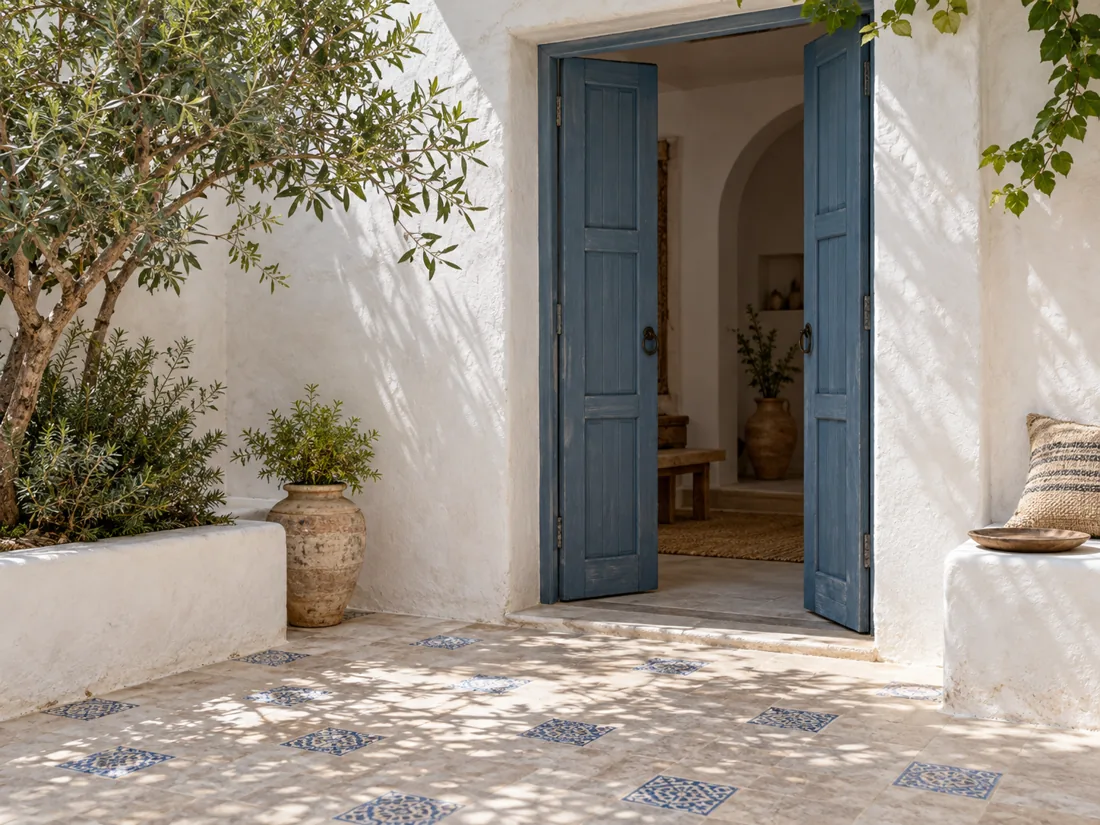 White patio with blue doors