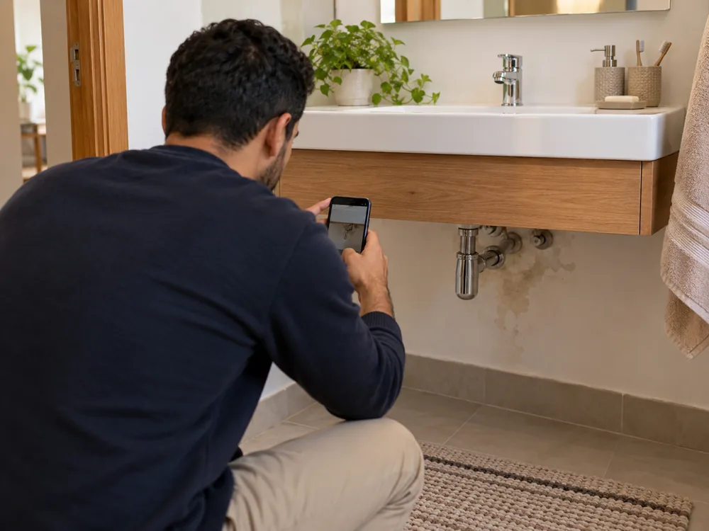 Visible damp under a washbasin being photographed